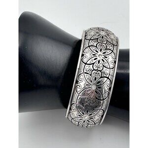 Brighton Etched Floral Design Swarovski Crystal Wide Hinged Clamper Bracelet